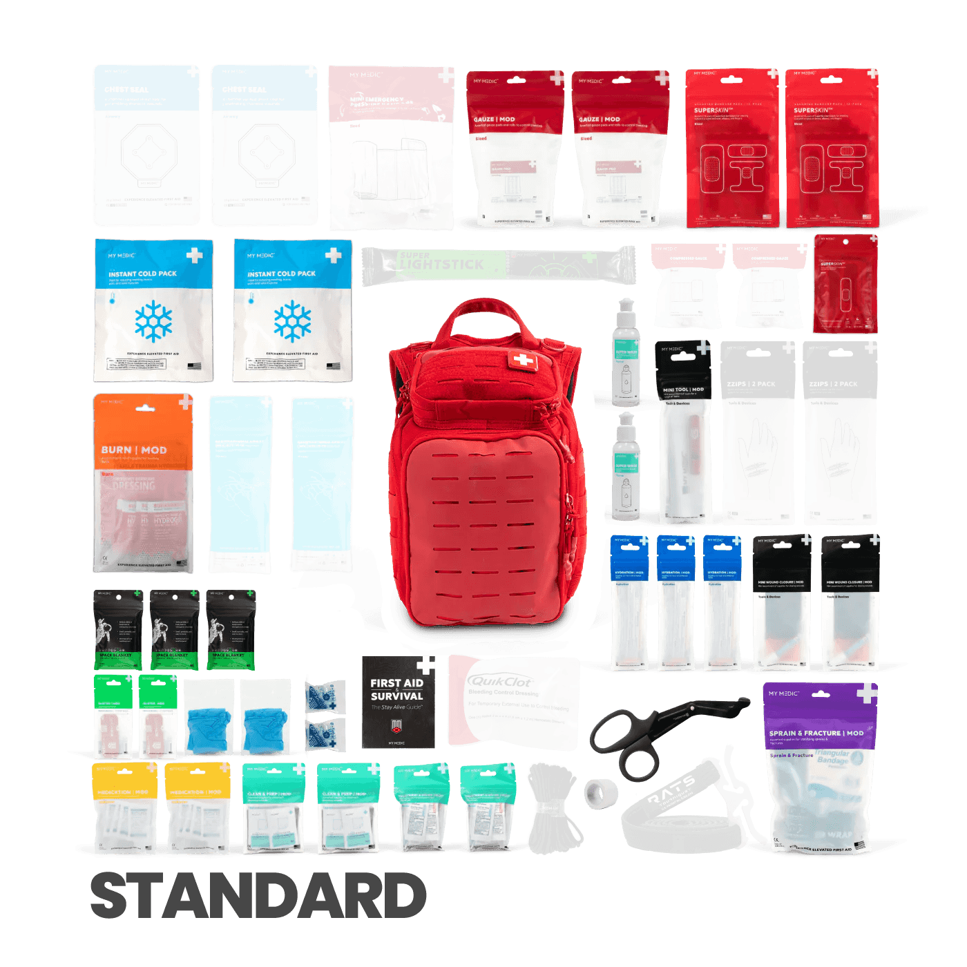 MyMedic Recon First aid kit showing the medical and first aid supplies that come with the standard version of the kit with a black backpack