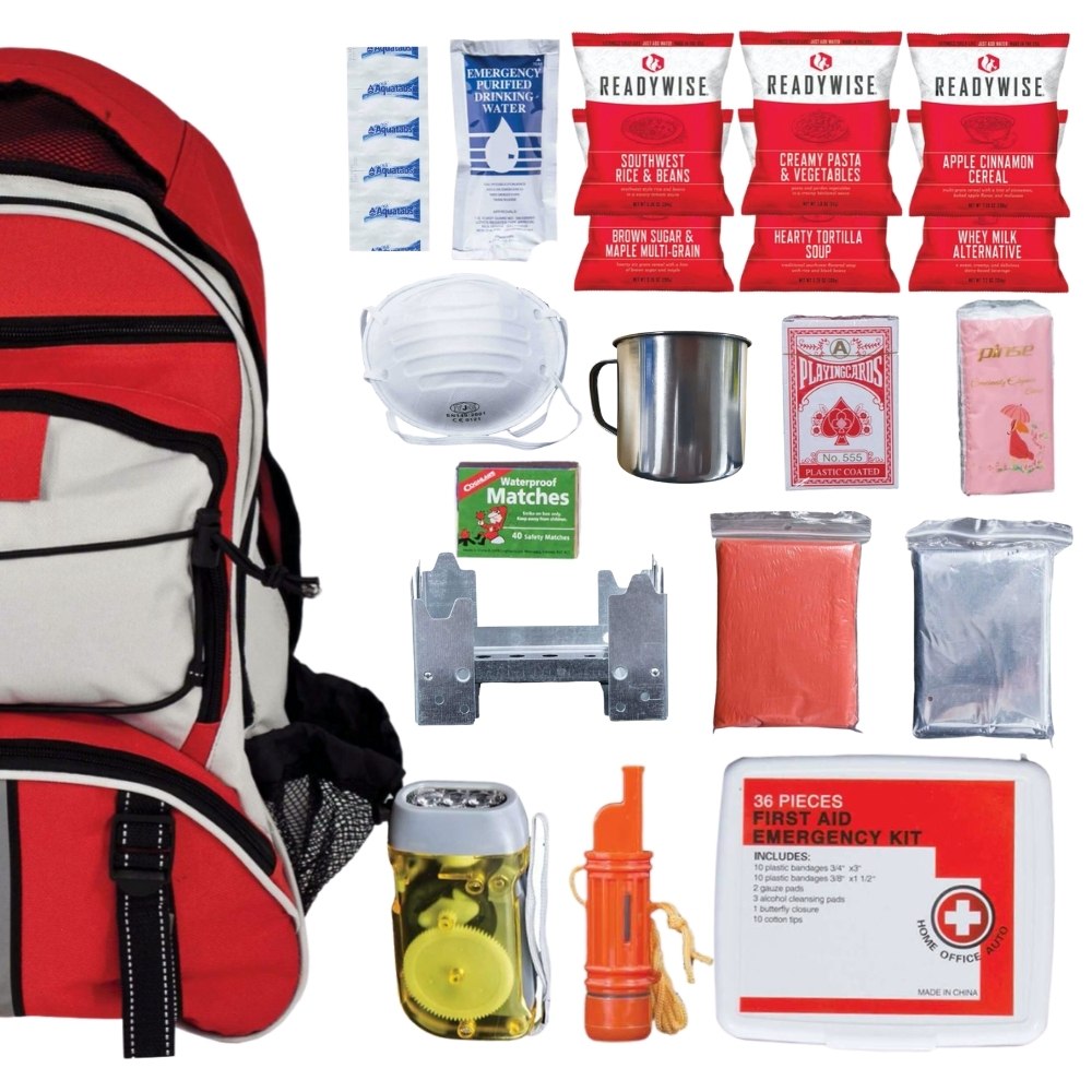 2-day survival backpack with ready to eat meals, 10 person first aid kit, flashlight and crank am/fm radio and more