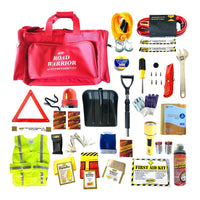 Mayday Deluxe Winter Car Emergency Kit with snow shovel, ice scraper, flashlight, lightstick, hand warmers, 54 piece first aid kit, tire fixer and more